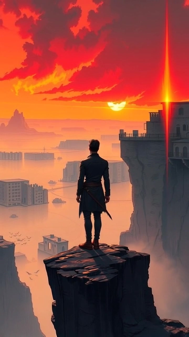 Subject: A solitary figure standing on a rocky cliff. Subject movement: The figure gazes contemplatively over the vast desert landscape, gently shifting their weight as the wind flows around them. Scene: Sturdy cliff overlooking an endless expanse of desert, with rolling dunes and distant mountains under a clear blue sky. Style: Bright, midday light casting sharp shadows, revealing the texture of the rocks and the shimmering sand. Motion: The camera begins with a wide-angle view from above the cliff, slowly pushing in on the figure's silhouette against the horizon, capturing the vastness of the scene and the intricate details of the rocky surface.