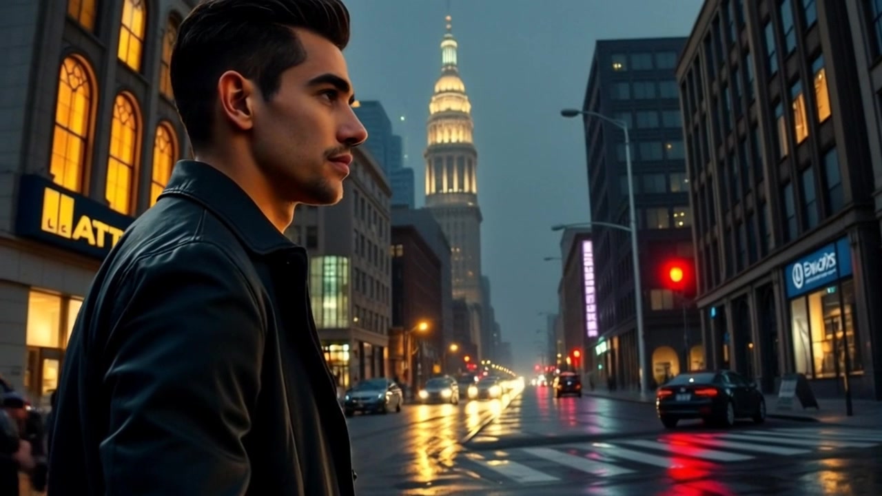 Subject: A young man standing alone on a vibrant city street, looking pensive as he gazes at a distant building. Scene: Urban environment filled with bustling energy, surrounded by colorful storefronts and pedestrians moving in various directions. Style: Late afternoon light casting warm tones upon the scene, creating a slightly contemplative atmosphere. Motion: The camera starts with a close-up of the man's thoughtful expression, then gently pushes out to reveal the larger cityscape, highlighting the contrast between his stillness and the busy street around him.