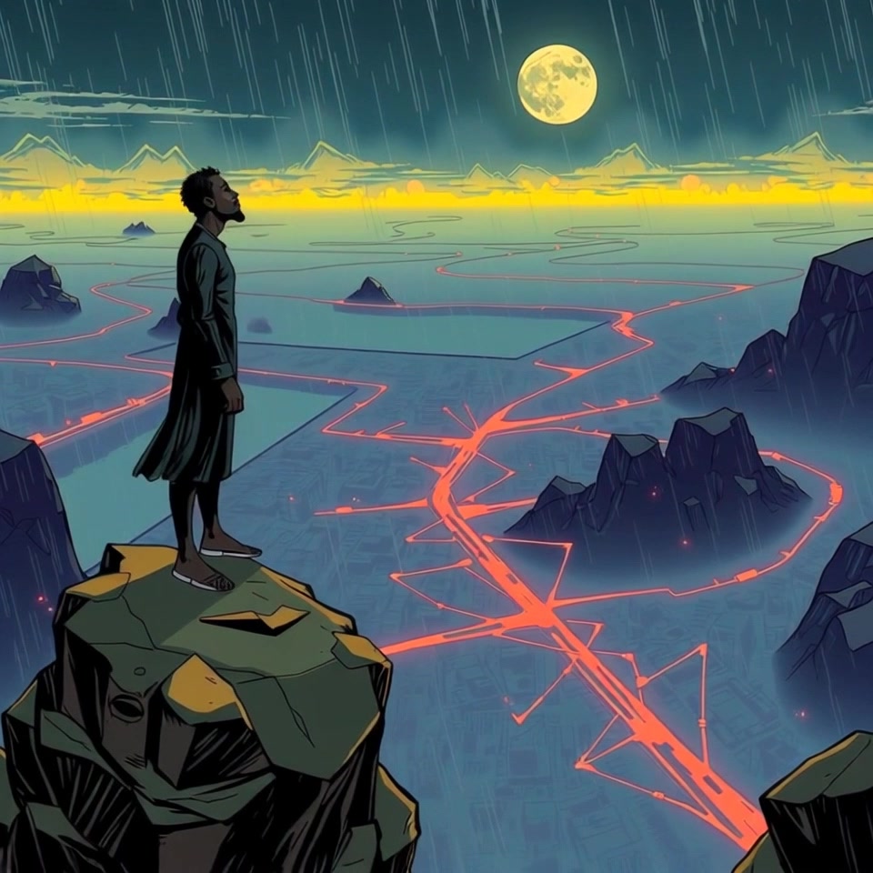 Subject: A solitary figure standing on a rocky cliff. Subject movement: The figure gazes thoughtfully at the vast landscape before him, shifting slightly as the wind tousles his hair. Scene: Expansive view from a rocky cliff overlooking a sweeping valley, dotted with trees and distant mountains under a bright sky. Style: Ambient lighting with soft clouds creating a serene atmosphere. Motion: Camera slowly tilts down from the horizon, capturing the depth of the landscape, then gently pans across the valley to reveal the rich textures of the terrain and the distant peaks.