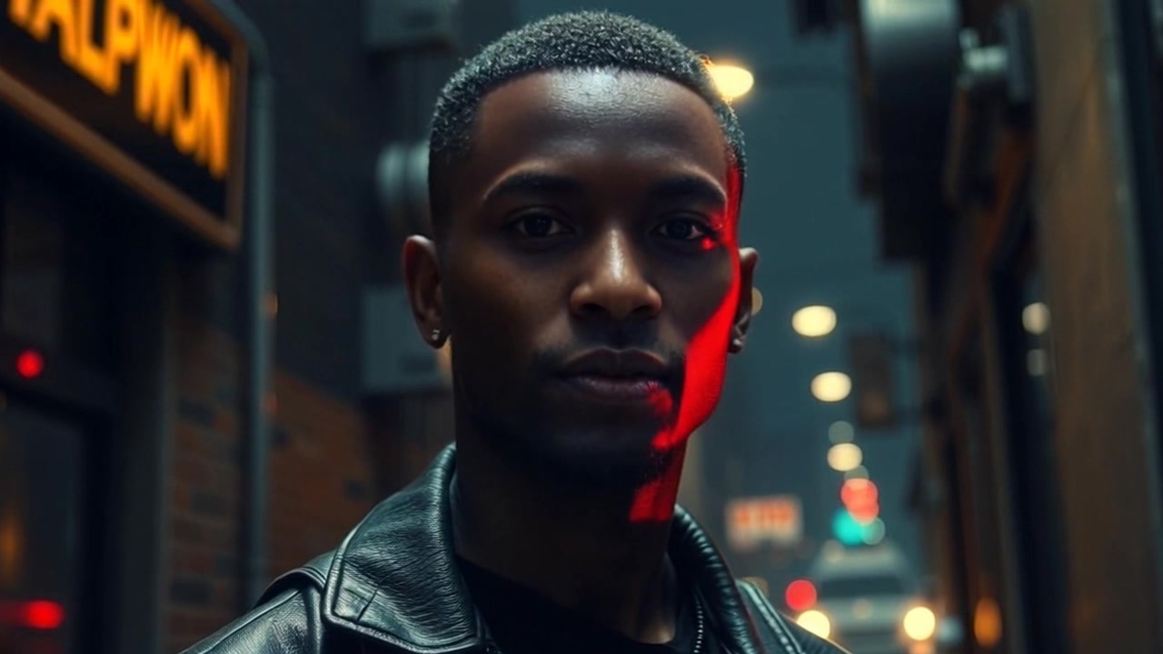 Subject: A determined figure in a dimly lit room. Scene: A close-up of Isaiah, captured in a moody, dimly lit atmosphere that highlights the contours of his face. Motion: The camera pushes in slowly on his focused expression while the shadows shift dramatically across the walls, creating a tense and introspective mood.