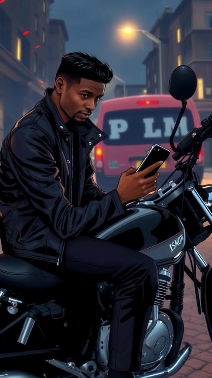 Subject: A motorcyclist seated on his motorcycle. Subject movement: The motorcyclist shifts his weight slightly as he glances anxiously at his phone. Scene: A dimly lit urban street under a darkening sky as night falls, illuminated by the flickering lights of a nearby cafe. Style: Moody lighting with cool blue tones enhancing the tension of the scene. Motion: The camera performs a slow, dramatic push-in towards the motorcyclist's expression, capturing the creased brow and anxiety conveyed through body language.