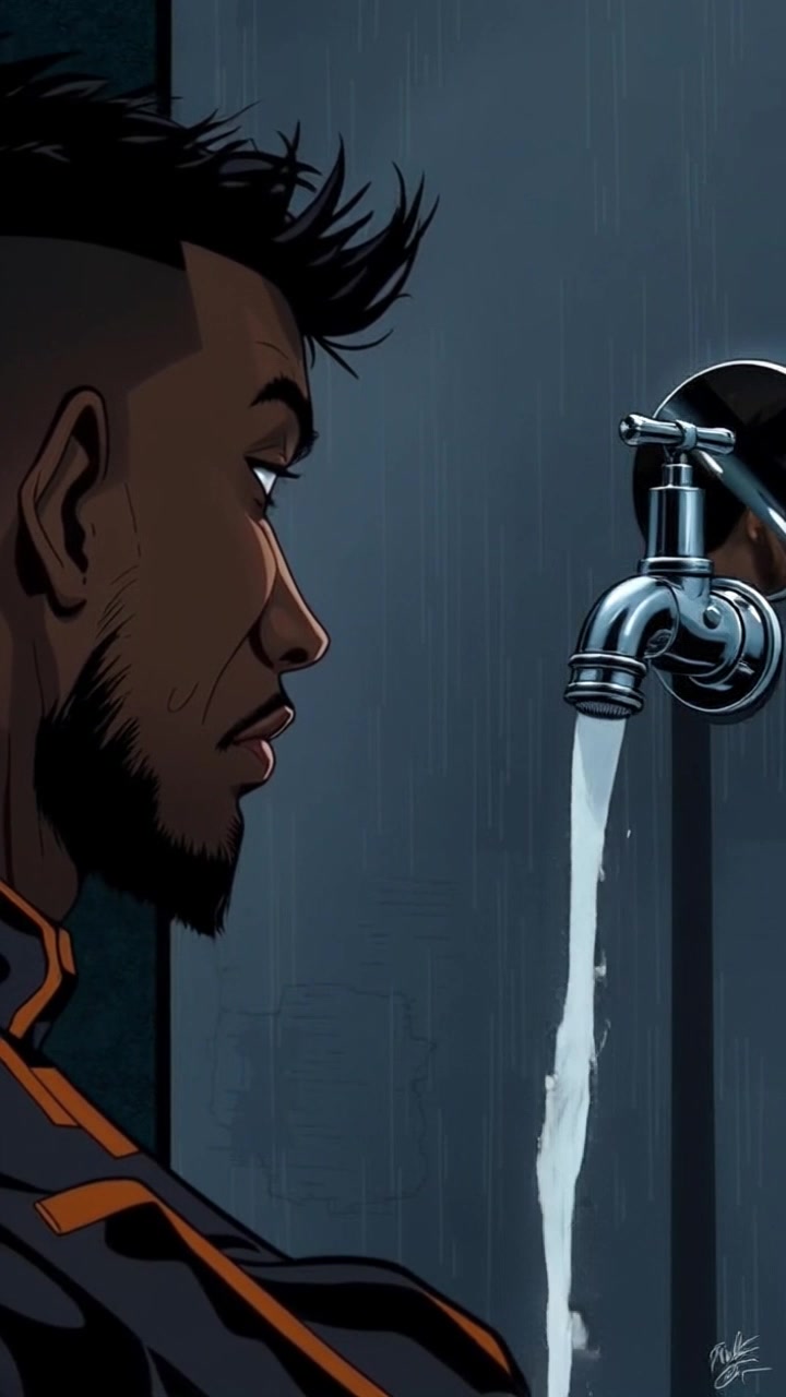 Subject: A person looking thoughtfully at their reflection in a bathroom mirror. Subject movement: The individual stands still, with the faucet running, water cascading down into the sink. Scene: An intimate bathroom setting, with soft light illuminating the tiled walls and a hint of steam in the air. Motion: A smooth push-in camera movement focuses on the person's face as they gaze into the mirror, capturing the reflection and the flowing water in an ambient atmosphere.
