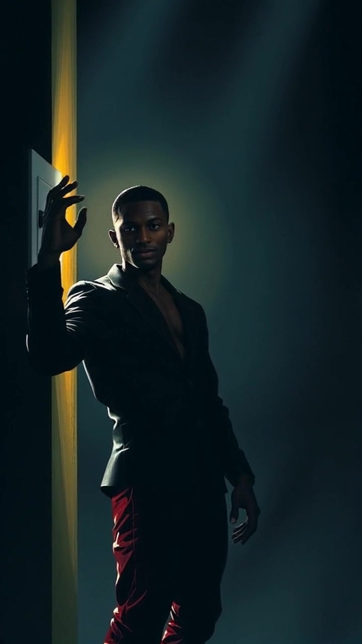 Subject: A figure reaching for a light switch in a dimly lit room. Subject movement: The figure extends a hand upwards, fingers outstretched as they move towards the switch, creating a tension-filled moment. Scene: An atmospheric room filled with flickering shadows cast by the dim light, suggesting an air of mystery. Style: Low, moody lighting enhancing the shadows, creating an aura of suspense. Motion: Camera slowly pushes in on the figure, capturing the slight movement of their hand as they reach for the switch, while maintaining the surrounding shadows in the periphery.