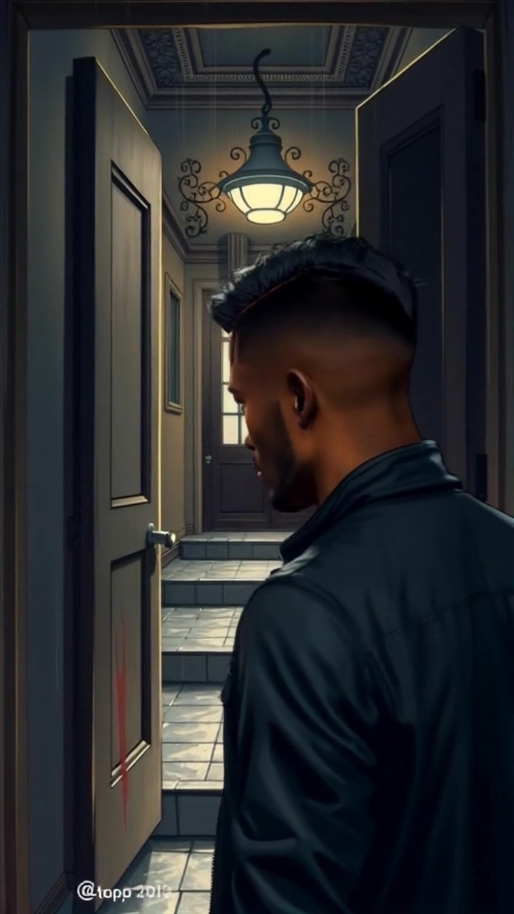 Scene: A wooden door stands open, revealing a dimly lit, empty hallway with soft shadows dancing along the walls. Style: Warm ambient lighting accentuating the natural wood tones of the door. Motion: The camera pushes in slowly towards the doorway, creating a sense of anticipation as it frames the inviting entrance with an over-the-shoulder perspective.