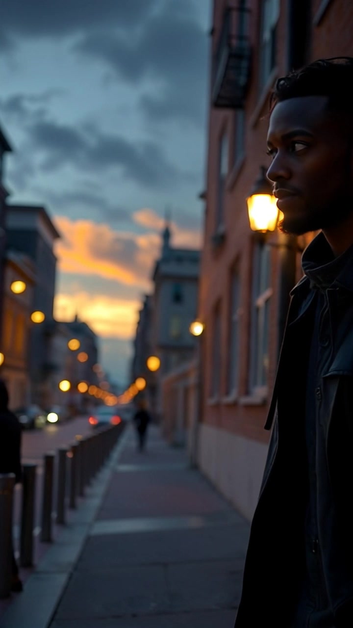 Scene: An empty street at twilight with shadows elongating and a gentle breeze rustling through the air. Style: Ambient twilight lighting that casts a soft glow, creating a slightly mysterious atmosphere. Motion: A handheld camera slowly tracks around the corner, revealing the silhouette as it scans the surroundings, emphasizing the quiet and stillness of the street.