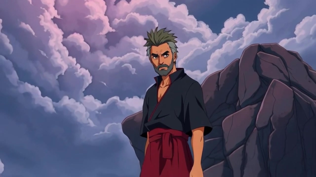 Subject: Kwame standing confidently on a rocky cliff. Scene: A rocky cliff overlooking a turbulent sea, with storm clouds swirling ominously in the background. Style: Dramatic, overcast lighting accentuating the intense atmosphere. Motion: The camera performs a sweeping pull back from Kwame, revealing the sheer scale of the cliff against the dark clouds, while the wind picks up, rustling his clothing and enhancing the drama of the scene.