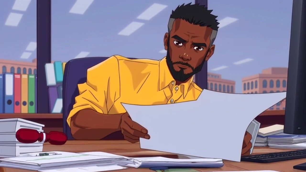 Subject: A focused individual seated at a modern office desk, reviewing documents with a serious expression. Subject movement: The individual leans slightly forward, flipping through pages, engaged deeply in work. Scene: A contemporary office environment filled with organized paperwork, a computer, and soft natural light filtering through large windows. Style: Bright ambient light highlights the space, creating an inviting yet professional atmosphere. Motion: The camera performs a slow push-in towards the individual, capturing the details of their concentrated expression and the neat arrangement of documents on the desk.