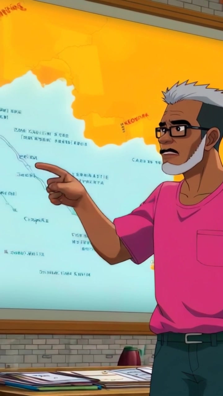 Subject: A confident individual pointing at a specific location on a large map of the country. Subject movement: The individual gestures assertively, emphasizing key points on the map. Scene: A well-lit room featuring a large, detailed map of the country against the wall, with a wooden table and desk cluttered with documents nearby. Style: Bright, ambient lighting that highlights the map's colors, creating an inviting and focused atmosphere. Motion: A slow push-in shot that gradually zooms toward the individual and the map, capturing their engaged expression and the intricate details of the map as they point.