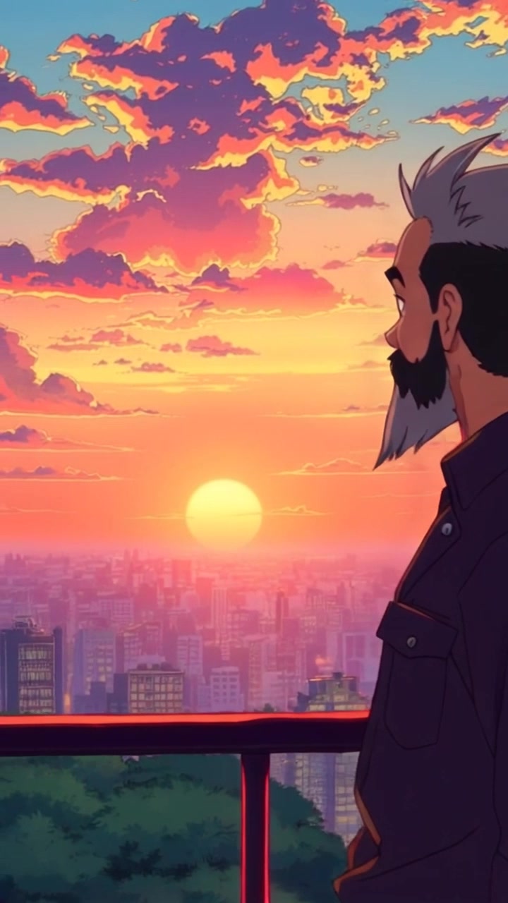 Subject: A person standing on a balcony. Subject movement: The person gazes thoughtfully over the bustling cityscape at sunset. Scene: A vibrant city skyline filled with activity, bathed in the warm hues of a setting sun. Style: Ambient lighting with a rich sunset palette, accentuating the colors of the sky and the city below. Motion: The camera begins with a close-up of the person in profile, then slowly pushes out to reveal the expansive view of the city, capturing the dynamic interplay of light and shadows as day transitions to night.