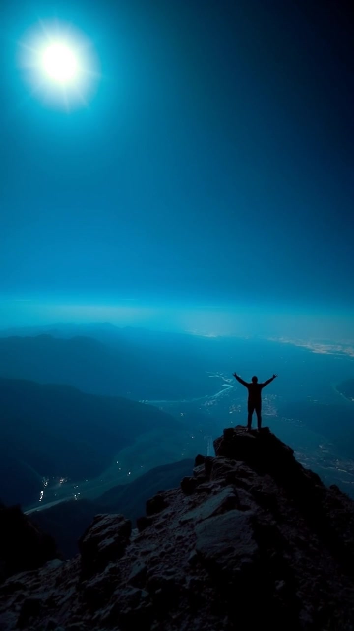 Subject: A person standing triumphantly on a mountain peak. Subject movement: The person raises their arms wide in a gesture of victory, swaying slightly in the breeze. Scene: Majestic mountain peak overlooking a vast, expansive valley, with a clear blue sky filled with soft white clouds. Style: Bright, midday light creating vibrant colors across the landscape. Motion: Camera starts at a low angle, capturing the full height of the peak before elevating smoothly to reveal the sweeping valley below, focusing on the interplay between the person and the breathtaking scenery.