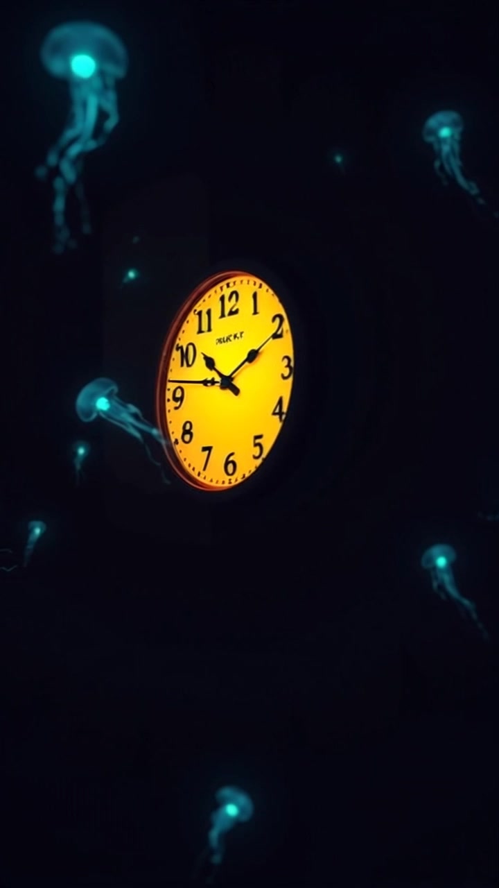 Scene: A clock ticking on the wall, emphasizing the passage of time in a quiet room, with soft shadows and subtle textures visible in the background. Style: Warm, cozy lighting as the sun streams in through a nearby window, creating a tranquil atmosphere. Motion: Camera slowly zooms in on the clock, capturing the rhythmic ticking sound and the sweeping second hand, while the background gently blurs to enhance focus on the timepiece.