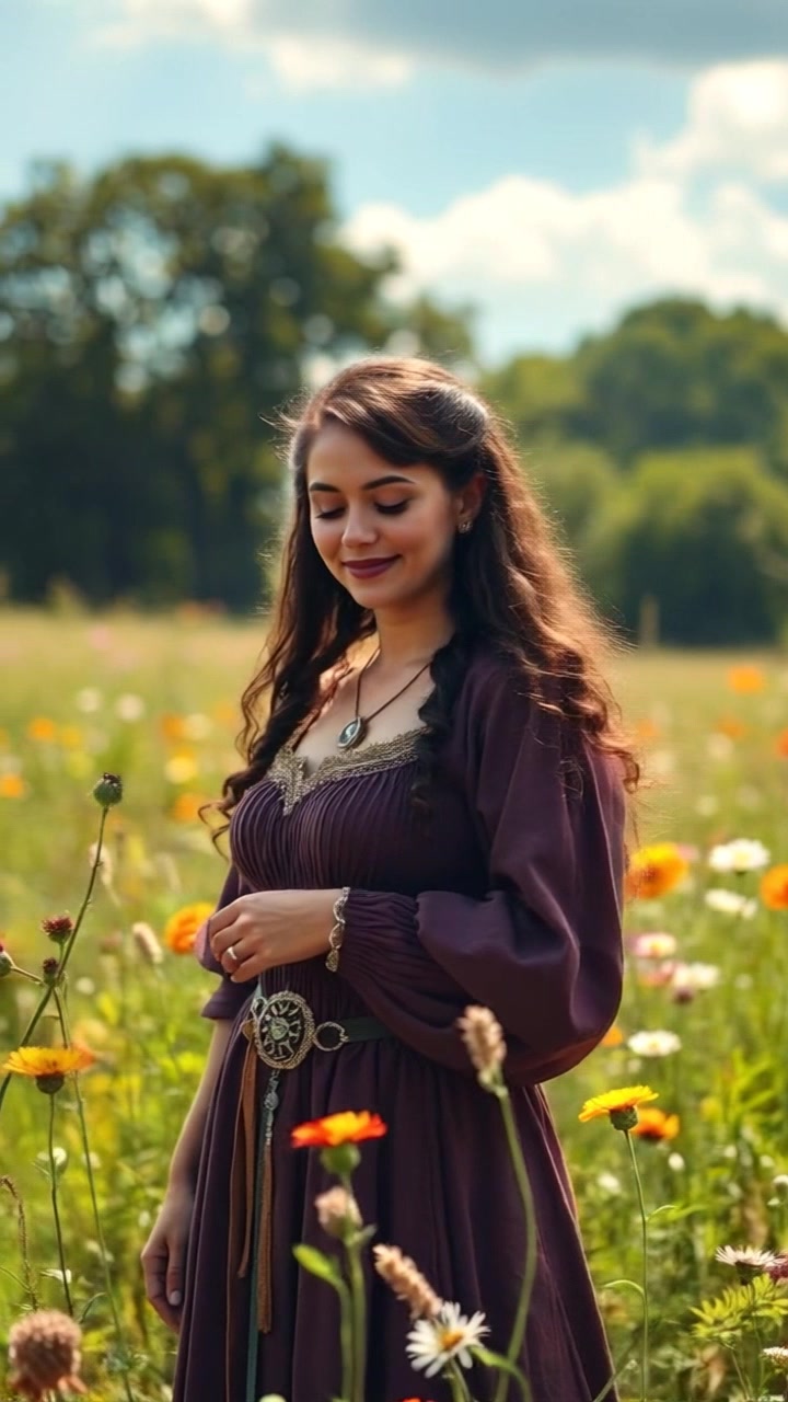 Subject: A young woman with a relaxed expression standing amidst vibrant wildflowers in a sunny meadow. Subject movement: She gently sways with the light breeze, hair flowing softly. Scene: A bright, sunlit meadow filled with colorful wildflowers under a clear blue sky. Style: Warm, inviting sunlight accentuating the colors of the flowers and grass. Motion: The camera subtly revolves around her, capturing the lush surroundings while maintaining a focus on her serene demeanor.
