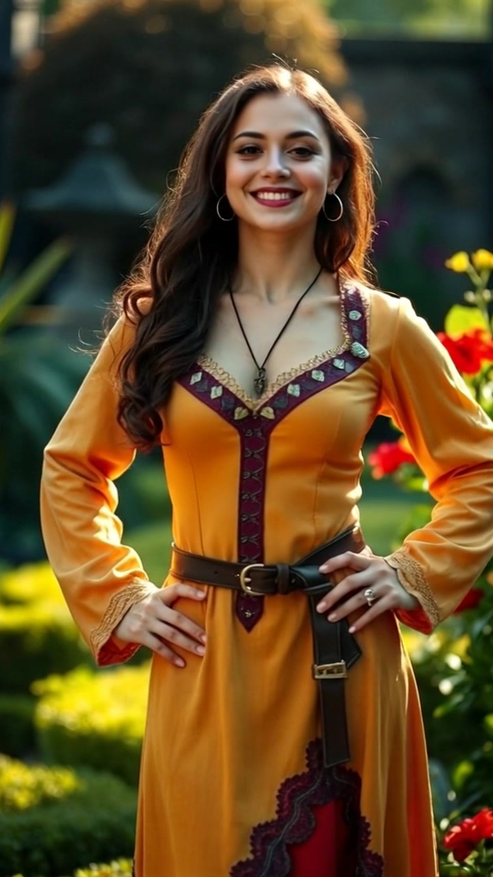 Subject: A confident individual smiling warmly with hands on their hips in a vibrant sunlit garden. Subject movement: The individual gently shifts their weight from one leg to another, radiating confidence and joy. Scene: A lush garden filled with blooming flowers and green foliage under bright sunlight, creating an inviting atmosphere. Style: Soft, warm lighting embracing the scene, enhancing the colors and creating a feeling of happiness. Motion: A smooth, push-in camera movement towards the individual, capturing the joyful detail in their expression and the lively garden surroundings.