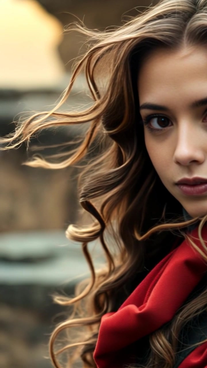 Subject: A determined young woman with long brown curls. Subject movement: Her hair flows dramatically in the wind as she stands confidently atop a cliff. Scene: Scenic cliffside overlooking a vast ocean, waves crashing below. Style: The sun is setting, casting warm, golden hues across the scene, spotlighting her features. Motion: The camera performs a slow push-in focus on her expression, capturing the intensity of the moment, before sweeping out to reveal the breathtaking landscape behind her.