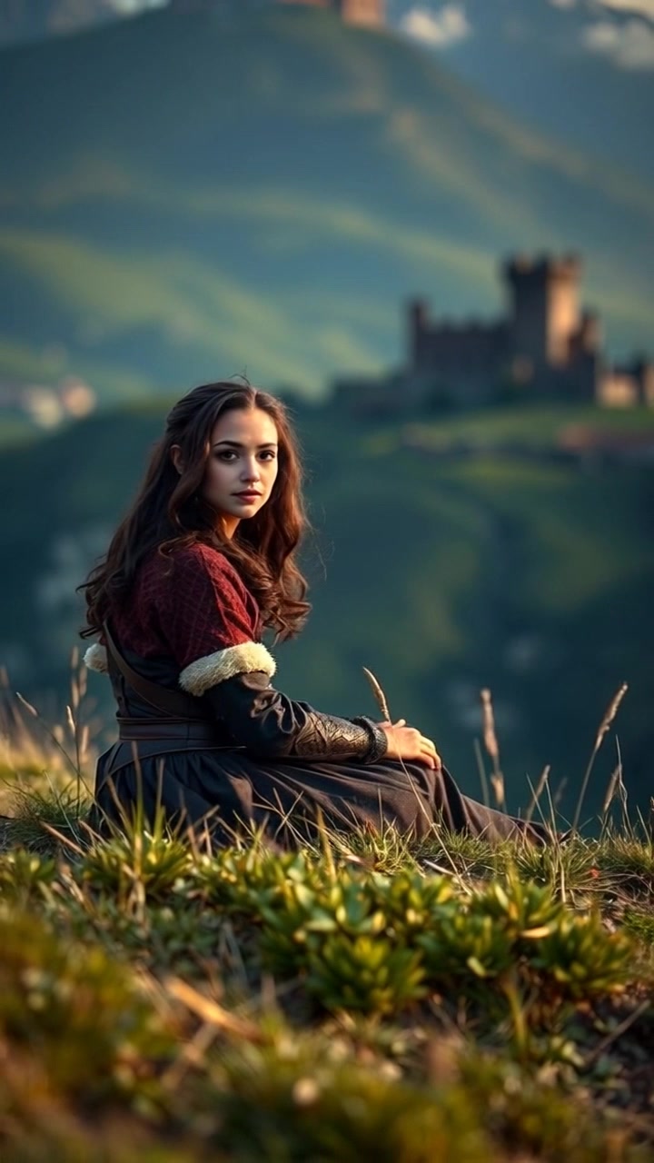 Subject: A young person sitting alone on a grassy hill. Subject movement: She gazes thoughtfully into the distance, with a gentle breeze rustling her hair. Scene: A serene grassy hill under a clear blue sky, the expanse of nature enhancing the atmosphere of contemplation. Style: Soft, ambient lighting evokes a sense of tranquility and introspection. Motion: The camera slowly zooms in to capture her facial expressions, then pulls back to reveal the expansive landscape around her.