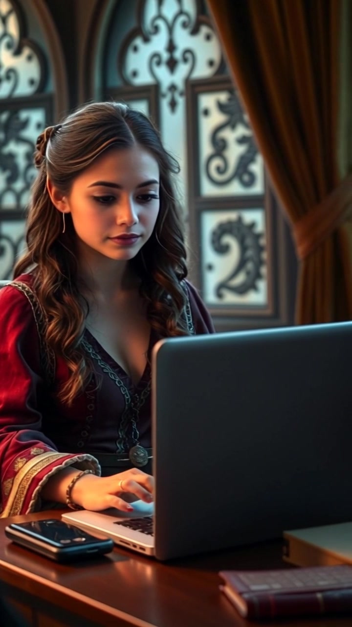 Scene: A cozy home workspace featuring Maya at her desk, intently watching a video on her laptop, surrounded by books and stationery. Style: Warm ambient lighting creating an inviting atmosphere, with soft shadows enhancing the feeling of concentration. Motion: The camera smoothly pushes in, capturing Maya's focused expression as the video plays, then gently pulls back to reveal the full desk setup with personal touches.