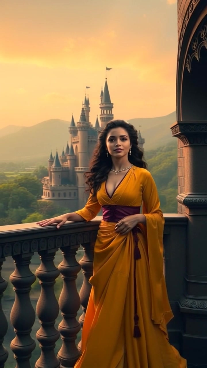 Subject: Princess Maya standing gracefully on a balcony. Subject movement: She gazes thoughtfully out over the kingdom, her dress gently swaying in the breeze. Scene: A lavish balcony overlooking a sprawling kingdom with lush landscapes and distant mountains. Style: Soft, golden-hour lighting enhancing the serene beauty of the scene. Motion: The camera begins with a close-up of Princess Maya's contemplative expression, then smoothly pulls back, revealing the grand view of the kingdom and its vibrant colors, while capturing the gentle flutter of her dress.