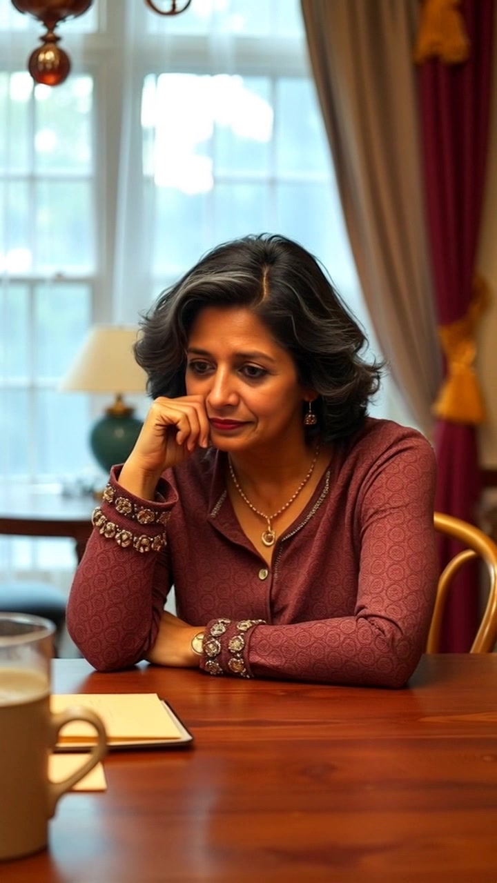 Subject: Asha sitting at a dining table, deep in thought. Subject movement: Asha's expression remains still, but her fingers lightly tap on the table as if contemplating her next move. Scene: Cozy dining room setting, warm wooden tones, soft sunlight filtering through a nearby window. Style: Morning light casting gentle shadows, creating an inviting atmosphere. Motion: Camera slowly dolly out, revealing the surrounding decor and creating a sense of space as Asha continues her contemplation.