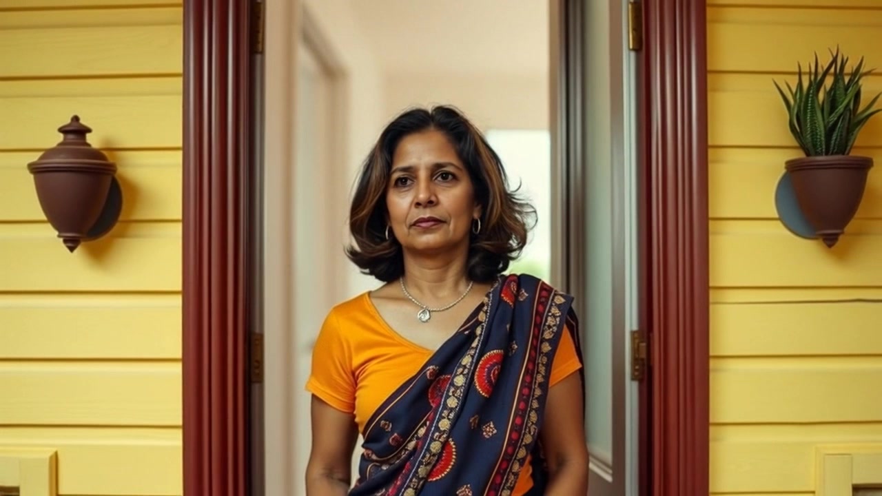 Subject: Asha standing in the doorway of their home, looking thoughtful and introspective. Subject movement: Asha gently sways slightly, lost in thought. Scene: A cozy and inviting entryway, with warm wood accents and soft natural light streaming through the open door. Style: Ambient morning light that highlights Asha's features and the texture of the door frame. Motion: Start with a close-up of Asha's contemplative expression, then smoothly pull back to reveal the inviting interior of the home.