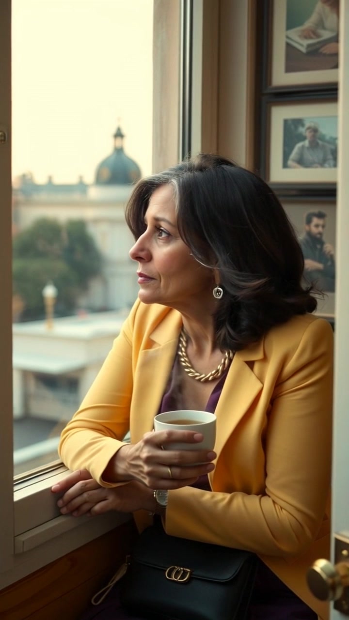 Subject: A contemplative figure gazing out of a window, holding a cup of tea. Subject movement: The figure turns slightly, lost in thought, steam softly rising from the tea. Scene: Inside a cozy room, with warm hues and gentle sunlight filtering through sheer curtains, casting soft shadows. Style: Inviting golden-hour lighting envelops the space in a tranquil glow. Motion: The camera slowly pushes in on the figure, capturing the nuanced expressions and the delicate play of light across the room.