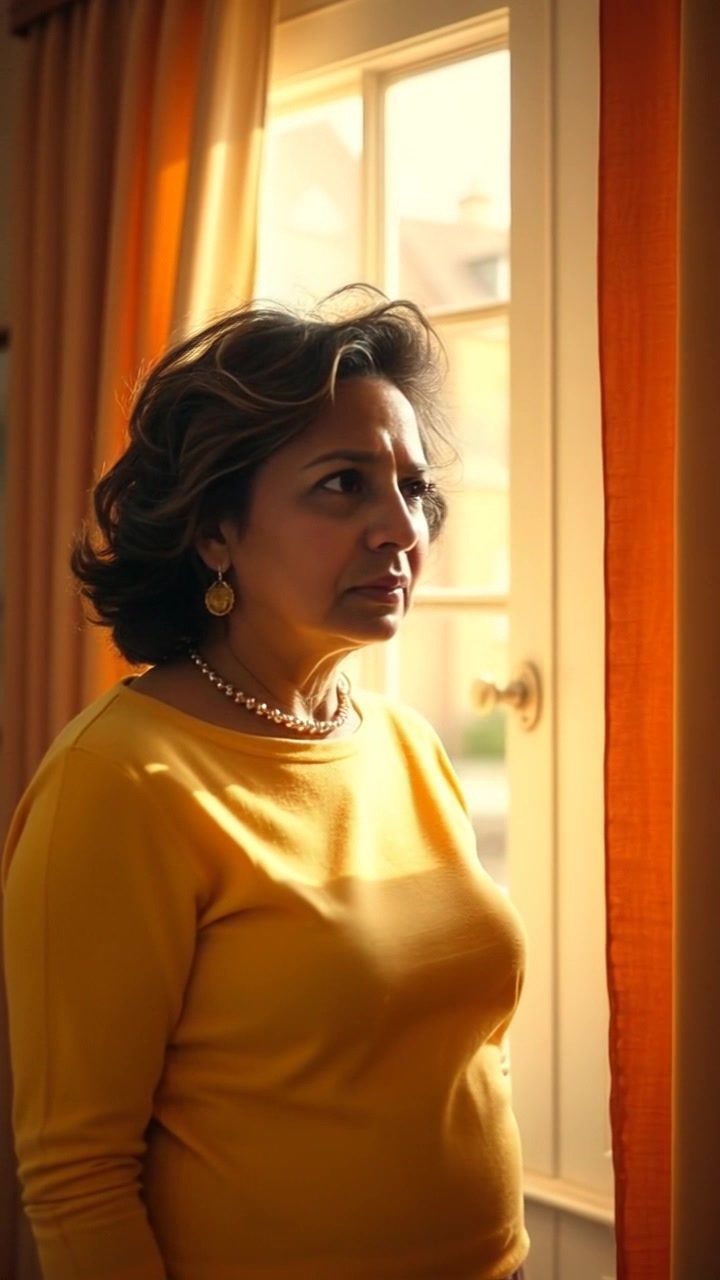 Subject: A young woman standing in a brightly lit room, gazing out the window with a concerned expression. Scene: The sunlit interior features warm tones, casting gentle shadows on the wooden floor. Motion: The camera gradually pushes in, capturing her facial expressions as she gazes thoughtfully, with the soft morning light highlighting the contours of her face.