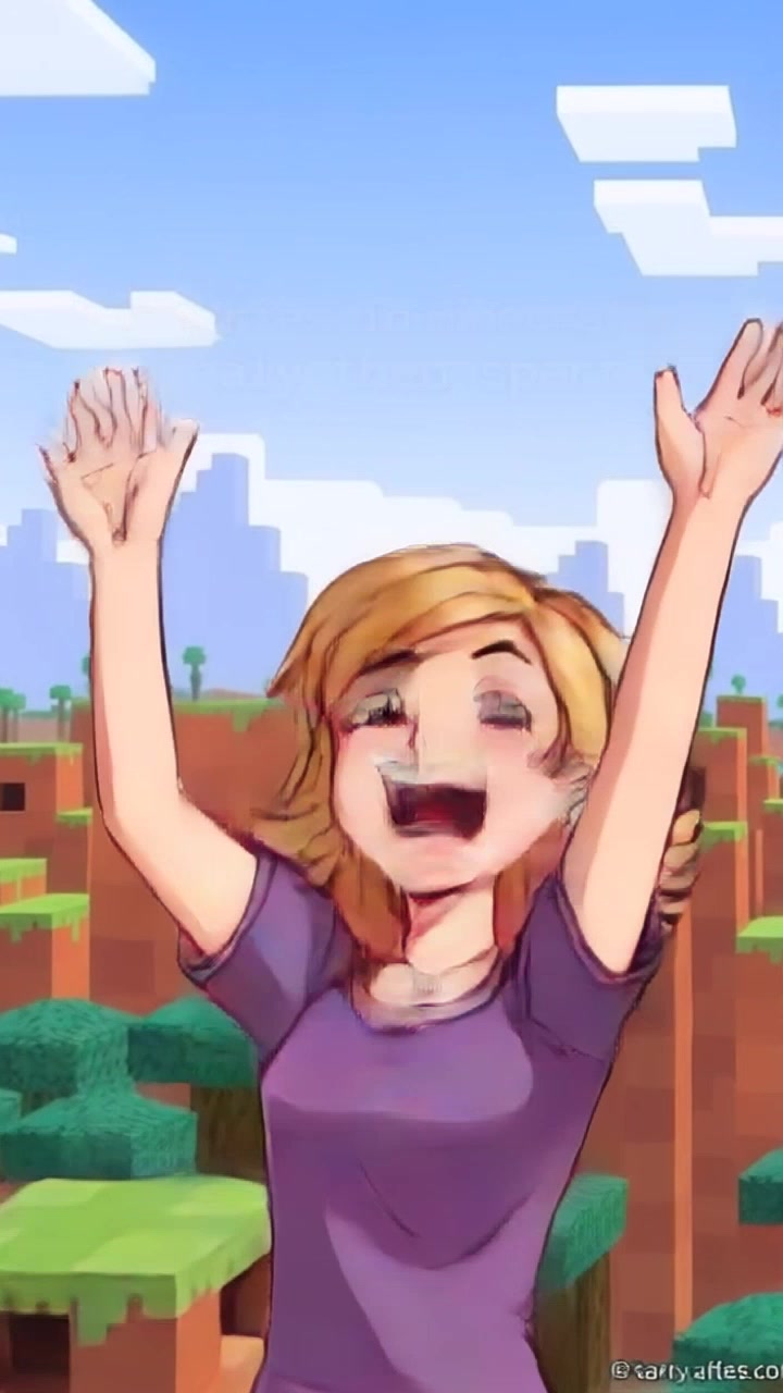 Subject: Ashley, reacting with excitement in front of a blocky landscape in Minecraft. Subject movement: Ashley jumps with joy, her arms raised and a wide smile on her face. Scene: A vibrant Minecraft world filled with blocky hills, trees, and structures, set in a pixelated sky. Style: Bright, colorful lighting that captures the whimsical essence of the game. Motion: The camera performs a dynamic zoom in towards Ashley, capturing her sheer joy, then pans around to reveal the expansive Minecraft landscape.