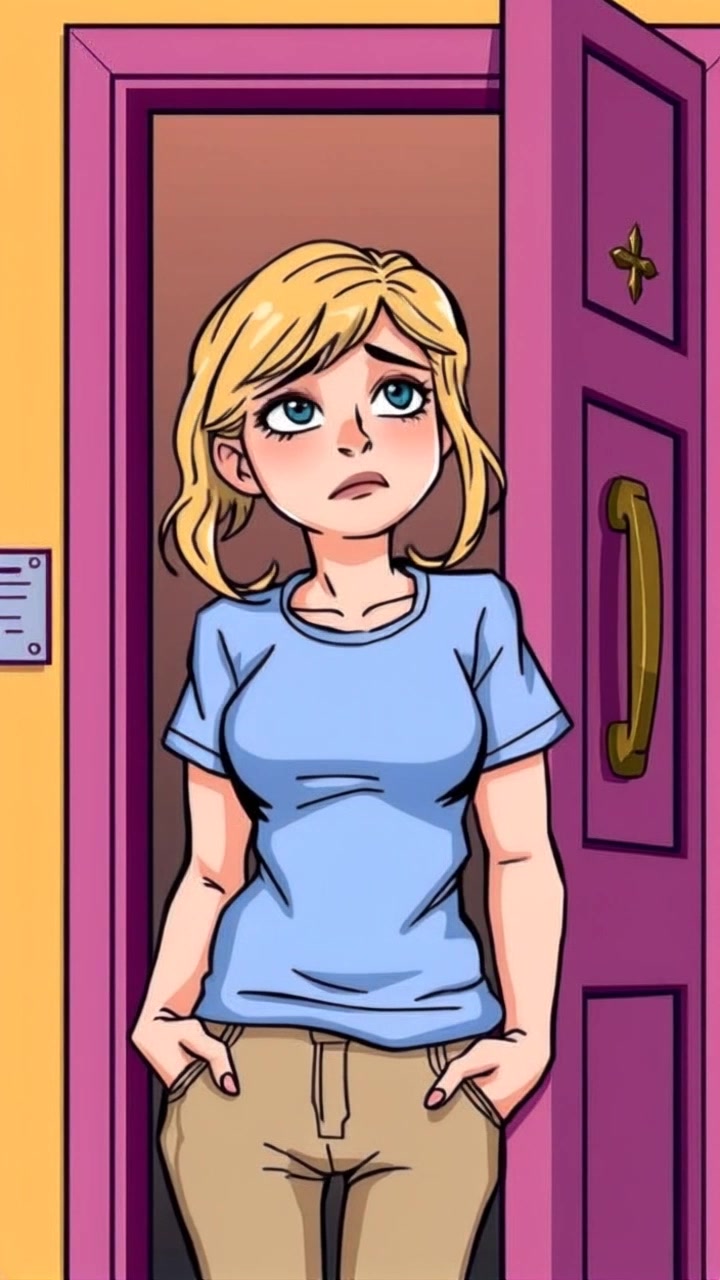 Subject: A woman standing by the door with a worried expression, contemplating her decision. Subject movement: She fidgets slightly, shifting her weight from one foot to the other, as if debating her next move. Scene: An indoor hallway with muted colors, the door leading to an uncertain outside world. Style: Dim, ambient lighting creating a tense atmosphere, accentuating her concerned expression. Motion: Camera starts with a close-up on her face, then smoothly pulls back to reveal the doorway behind her, emphasizing the emotional weight of her choice.