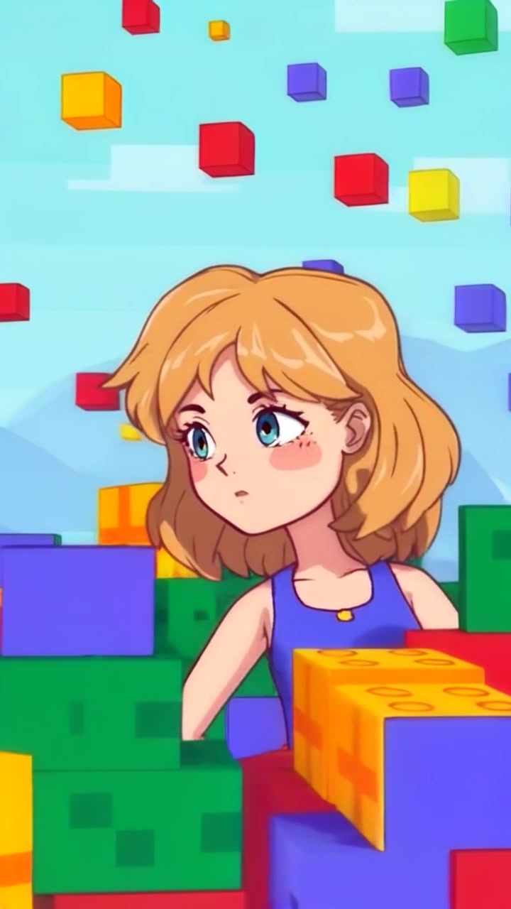 Subject: Ashley looking around in amazement. Subject movement: She turns her head side to side, taking in the vibrant colors of her surroundings. Scene: Surrounded by a whimsically constructed environment made up of colorful Minecraft blocks, creating a playful and immersive atmosphere. Style: Bright, saturated colors with sharp contrasts highlighting the blocky textures. Motion: The camera performs a smooth circular motion around Ashley, capturing her expressions and the intricate details of the vibrant blocks surrounding her.
