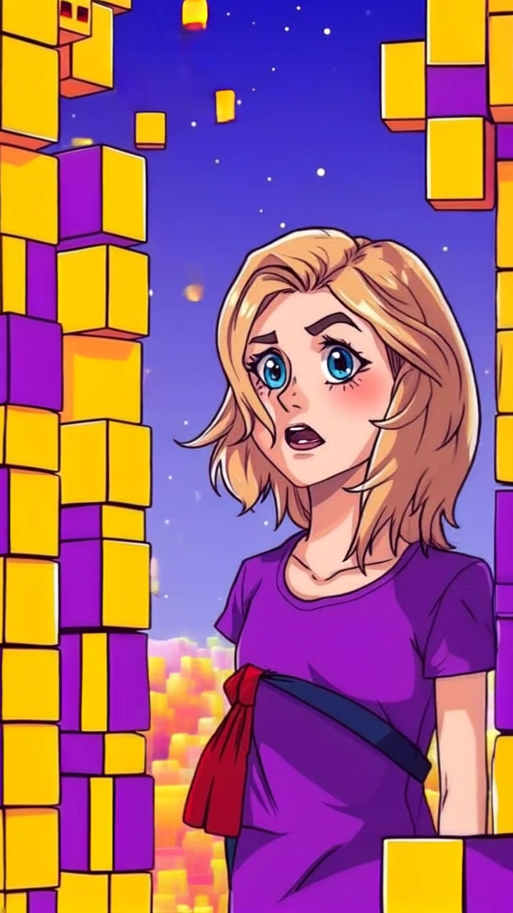 Subject: Ashley looking astonished. Subject movement: She slowly turns her head from side to side, taking in the blocky surroundings with wide eyes. Scene: A surreal, blocky landscape reminiscent of a digital world, filled with vibrant, geometric formations. Style: Bright, saturated colors enhance the whimsical atmosphere. Motion: The camera follows Ashley's gaze with a smooth panning shot, accentuating her expression as the environment shifts around her.