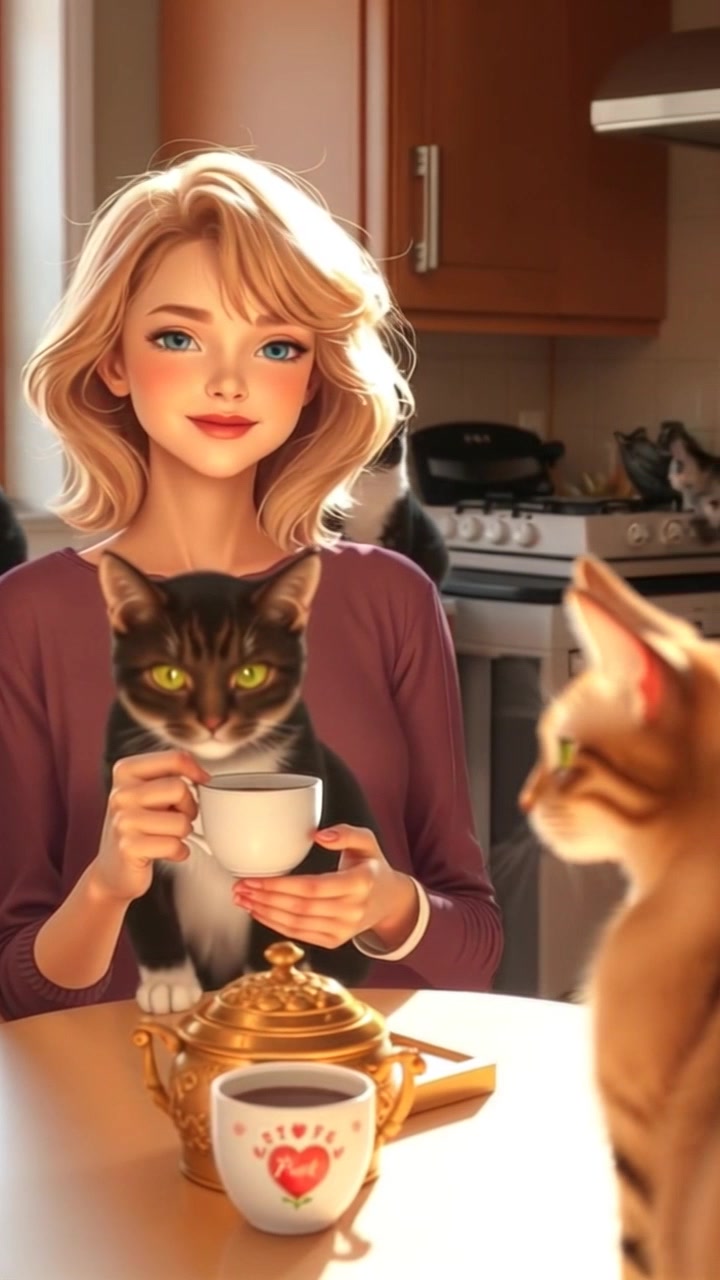 Scene: A bright kitchen with warm sunlight streaming through a window, illuminating the wooden table where a cup of tea rests. Style: Inviting morning light gives a cozy feel to the scene, enhancing the colors of the kitchen. Motion: The camera gently pans across the table, capturing the tea, before establishing a wider view of the kitchen, showcasing its warm ambiance.