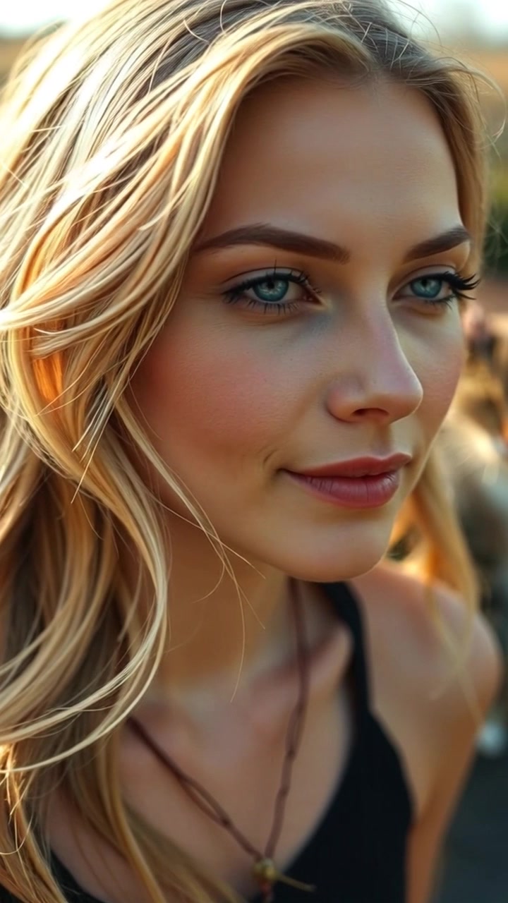 Subject: A compassionate individual with gently blowing hair, captured in a close-up. Scene: Intimate outdoor setting with soft, natural elements surrounding her. Style: Warm, golden-hour lighting enhancing the softness of the moment. Motion: The camera slowly zooms in on her face, emphasizing the compassion in her expression, while the breeze subtly dances through her hair.