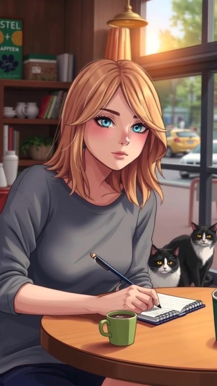 Subject: A person sitting at a table in a cozy coffee shop. Subject movement: The person writes intently on a notepad, occasionally glancing up as if deep in thought. Scene: Warm and inviting coffee shop environment filled with soft lighting and rustic decor. Motion: Handheld camera tracking shot moves from the warm wooden table up to the person's focused expression, highlighting the cozy ambiance and the sounds of the bustling cafe around.