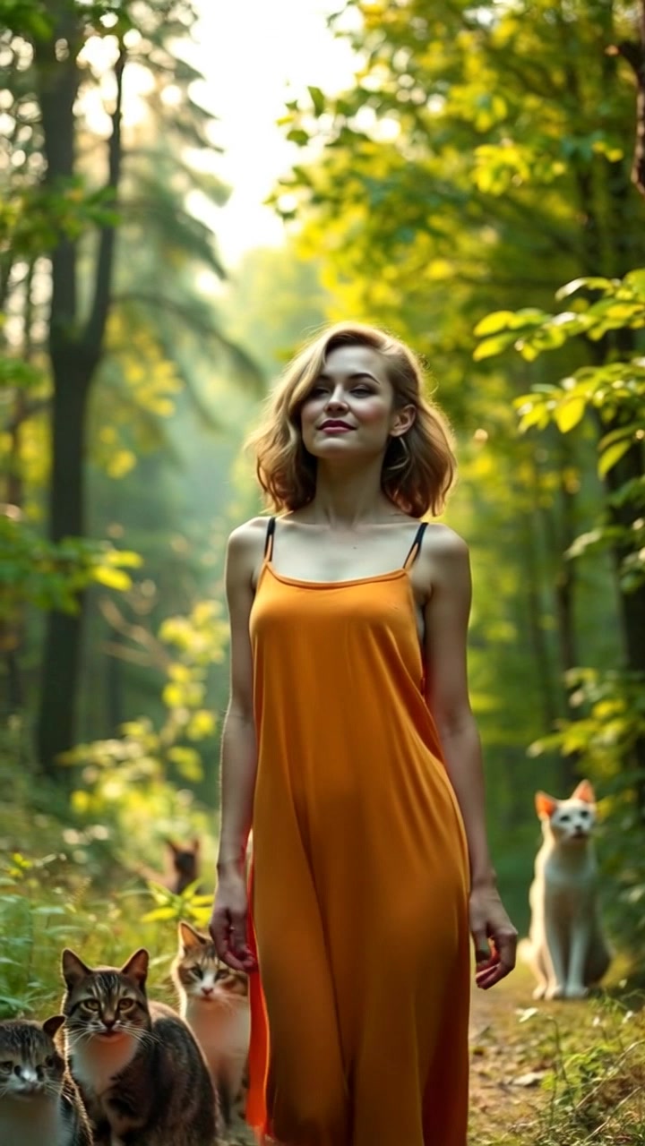 Subject: A person walking through a vibrant forest. Subject movement: Ashley strolls calmly along a winding path, glancing around at the lush surroundings. Scene: A serene green forest filled with towering trees, with dappled sunlight casting playful shadows on the ground. Style: Soft, warm sunlight filtering through the leaves, creating a soothing atmosphere. Motion: The camera gently follows Ashley's movements, gliding alongside her as she walks, capturing the tranquil beauty of the forest.