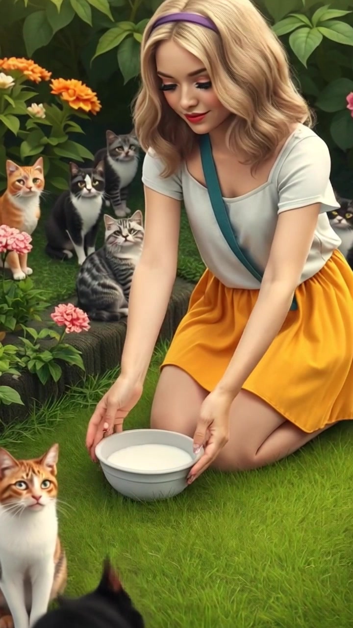 Subject: A woman kneeling in a garden. Subject movement: She gently places a small bowl of milk on the lush green grass, her hands moving gracefully as she sets it down. Scene: A vibrant garden filled with blooming flowers, bright sunlight filtering through the leaves. Style: Warm, inviting daylight enhances the colors of the garden. Motion: The camera slowly pushes in to focus on the bowl of milk, capturing the details of the garden as it shifts, with soft bokeh effects on the background.