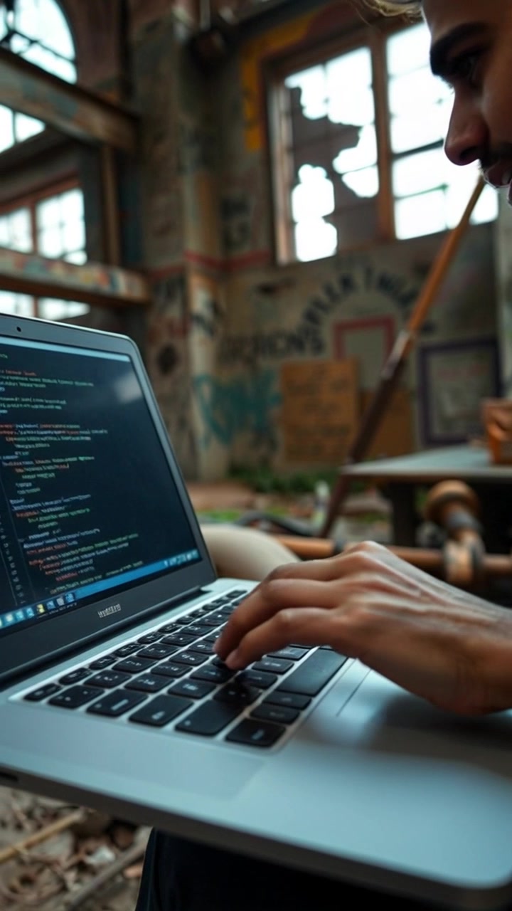 Scene: A focused workspace featuring a close-up of hands typing rapidly on a laptop, displaying lines of code. Style: Soft ambient lighting that emphasizes the glint of the laptop screen and the texture of the hands. Motion: The camera smoothly zooms in on the hands as they move swiftly across the keyboard, capturing the rhythm of coding in a dynamic and engaging way.