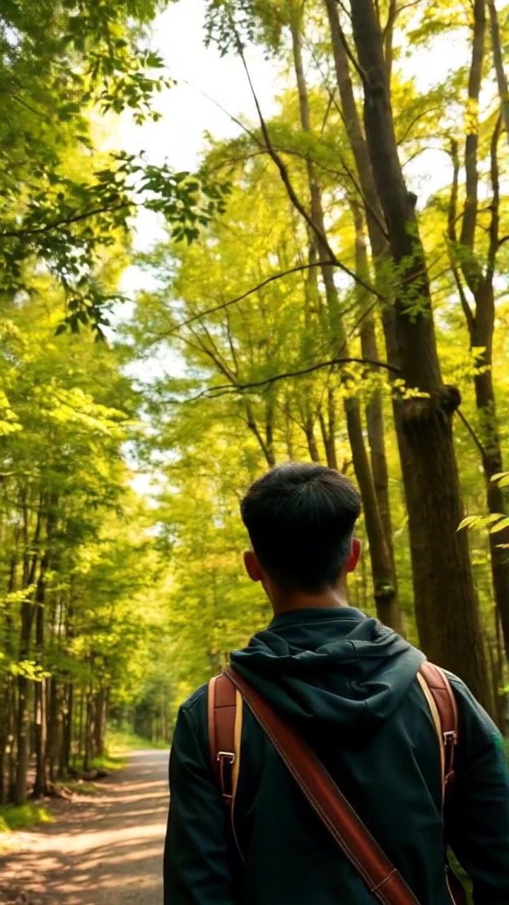 Scene: A lush green forest with tall trees, sunlight filtering gently through the vibrant leaves, illuminating a winding path. Style: Inviting morning light warming the surroundings, creating a serene atmosphere. Motion: The camera tracks smoothly along the forest path, gliding past the towering trees as the sunlight dances upon the ground.