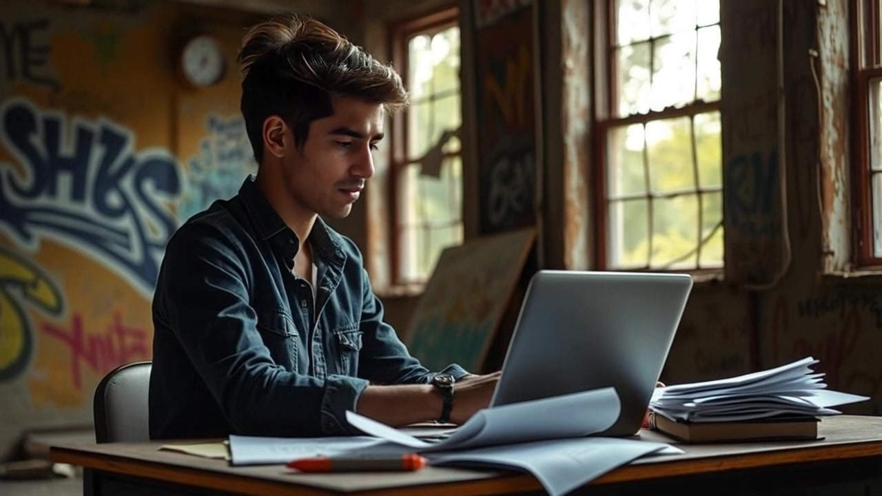 Scene: A cluttered desk with an open laptop and scattered papers, capturing a moment of deep thought. Style: Soft ambient lighting, creating a warm and inviting atmosphere. Motion: A handheld camera slowly pushes in on the desk, emphasizing the focused expression and the messiness of the workspace as papers flutter gently in a soft breeze.