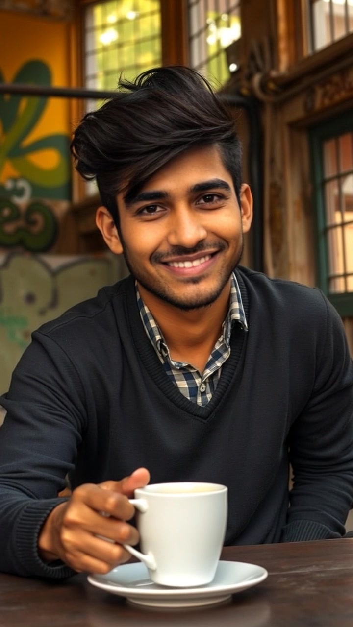 Subject: A friendly person at a café table, sipping coffee and smiling warmly at the viewer. Subject movement: The person leans slightly forward with an inviting expression, raising the coffee cup in a gesture of greeting. Scene: Cozy café atmosphere with rustic wooden tables, soft lighting, and plants in the background creating an inviting space. Style: Warm ambient lighting enhances the friendly mood of the scene. Motion: The camera gently pushes in to emphasize the smile, capturing the inviting atmosphere and the details of the café.