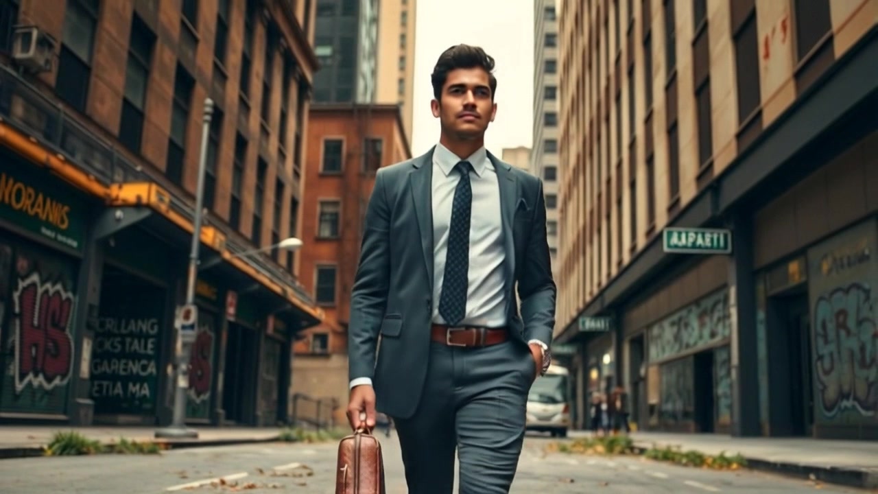 Subject: A confident individual walking briskly down a busy city street, modern suit and briefcase in hand. Subject movement: The individual strides purposefully, navigating through the bustling crowd. Scene: A vibrant urban environment with towering skyscrapers, bustling pedestrians, and city sounds creating an energetic atmosphere. Style: Bright afternoon light illuminating the scene with sharp shadows accompanying the tall buildings. Motion: Camera follows closely behind, smoothly tracking the individual's movement while weaving through the lively street, capturing the essence of the city's hustle.