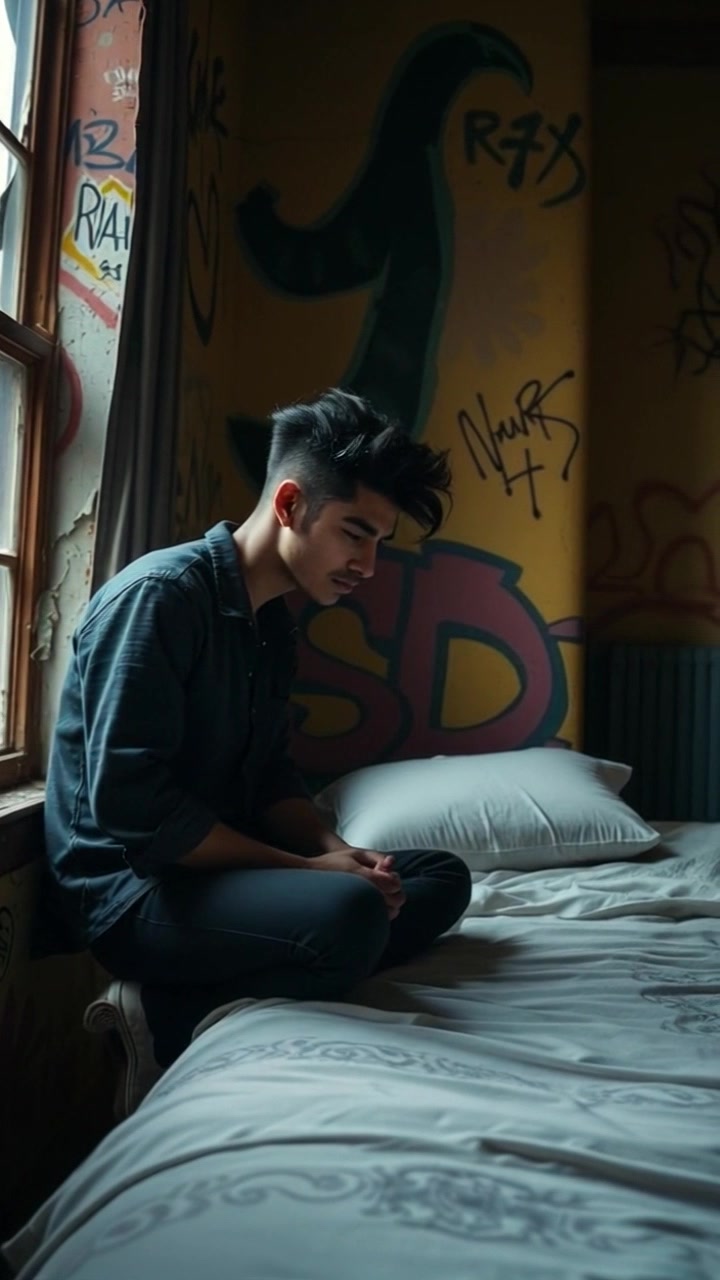 Subject: A young man sitting on the edge of a bed, deep in thought with a blank expression. Subject movement: He shifts slightly, leaning forward as if contemplating his fate. Scene: A softly lit bedroom with muted colors, adorned with simple decor that emphasizes the subject's introspection. Lighting: Soft, ambient light filtering in from a nearby window. Motion: The camera gently zooms in on the subject's face, capturing the subtle details of his expression, before panning around the room to reveal the serene yet somber atmosphere.
