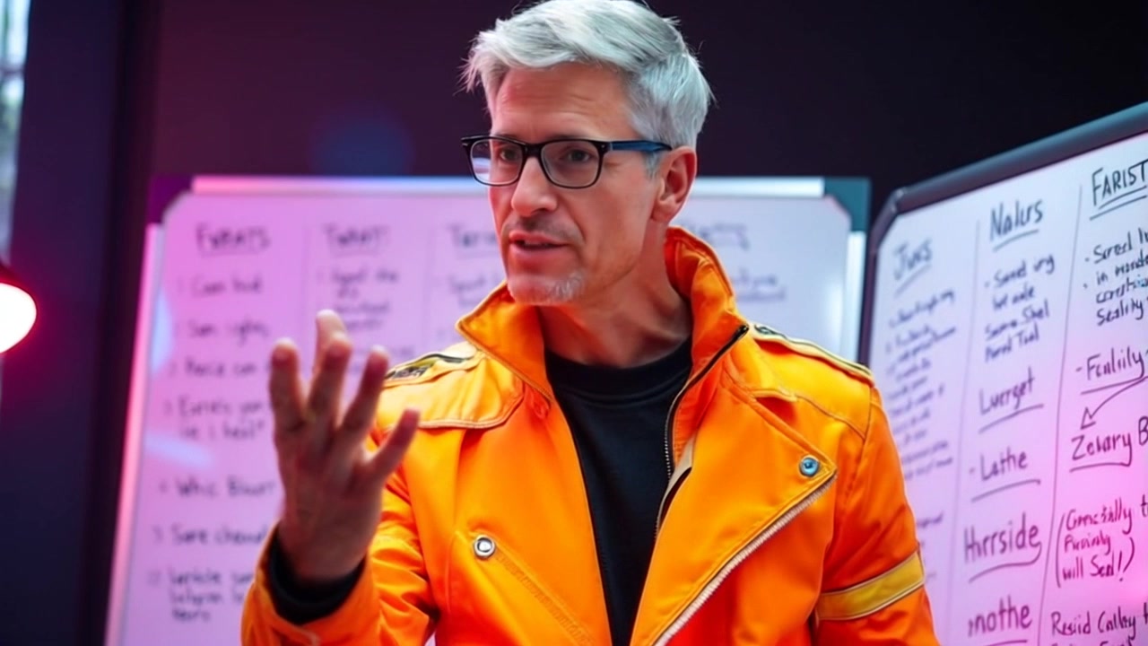 Subject: A person enthusiastically gesturing towards a whiteboard filled with notes. Subject movement: The individual makes lively hand motions as they explain concepts, their body slightly leaning forward, capturing the audience's attention. Scene: A modern office environment with a whiteboard covered in colorful notes and diagrams, surrounded by team members attentively watching. Style: Bright, natural lighting illuminating the scene, creating an engaging and dynamic atmosphere. Motion: The camera executes a smooth, handheld tracking shot, moving in closer to capture the subject's expressions and the detailed notes on the whiteboard.