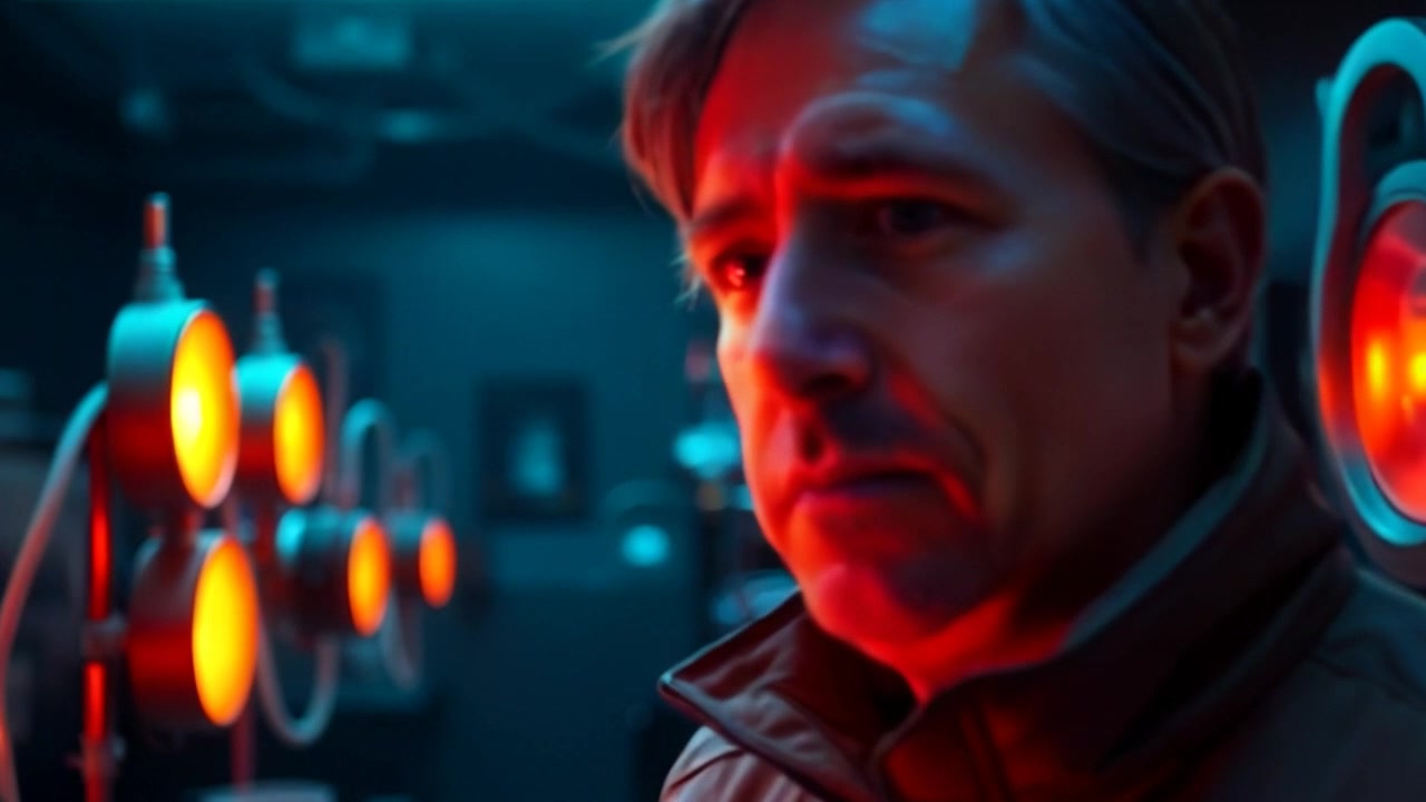 Scene: Dimly lit laboratory filled with an array of glowing scientific instruments casting eerie reflections. Style: Moody lighting with a bluish hue that enhances the ambiance of mystery and intrigue. Motion: Camera subtly pushes in while tilting to capture the intricate details of the glowing instruments as they pulsate, creating a captivating atmosphere.
