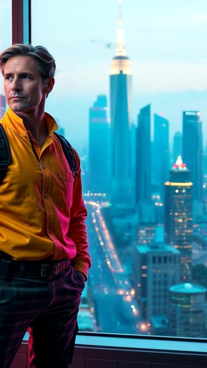 Subject: Mark standing in a modern office. Subject movement: He gazes contemplatively out the large window at the futuristic city skyline. Scene: Mark stands in a sleek, contemporary office space with minimalist design elements, large glass windows framing the vibrant cityscape. Style: Bright, natural morning light pouring in, illuminating the space with a fresh and invigorating atmosphere. Motion: The camera begins with a close-up on Mark's face, then smoothly transitions to a wide shot of the skyline beyond the window, capturing the dynamic energy of the futuristic city as aerial drones zip between skyscrapers.