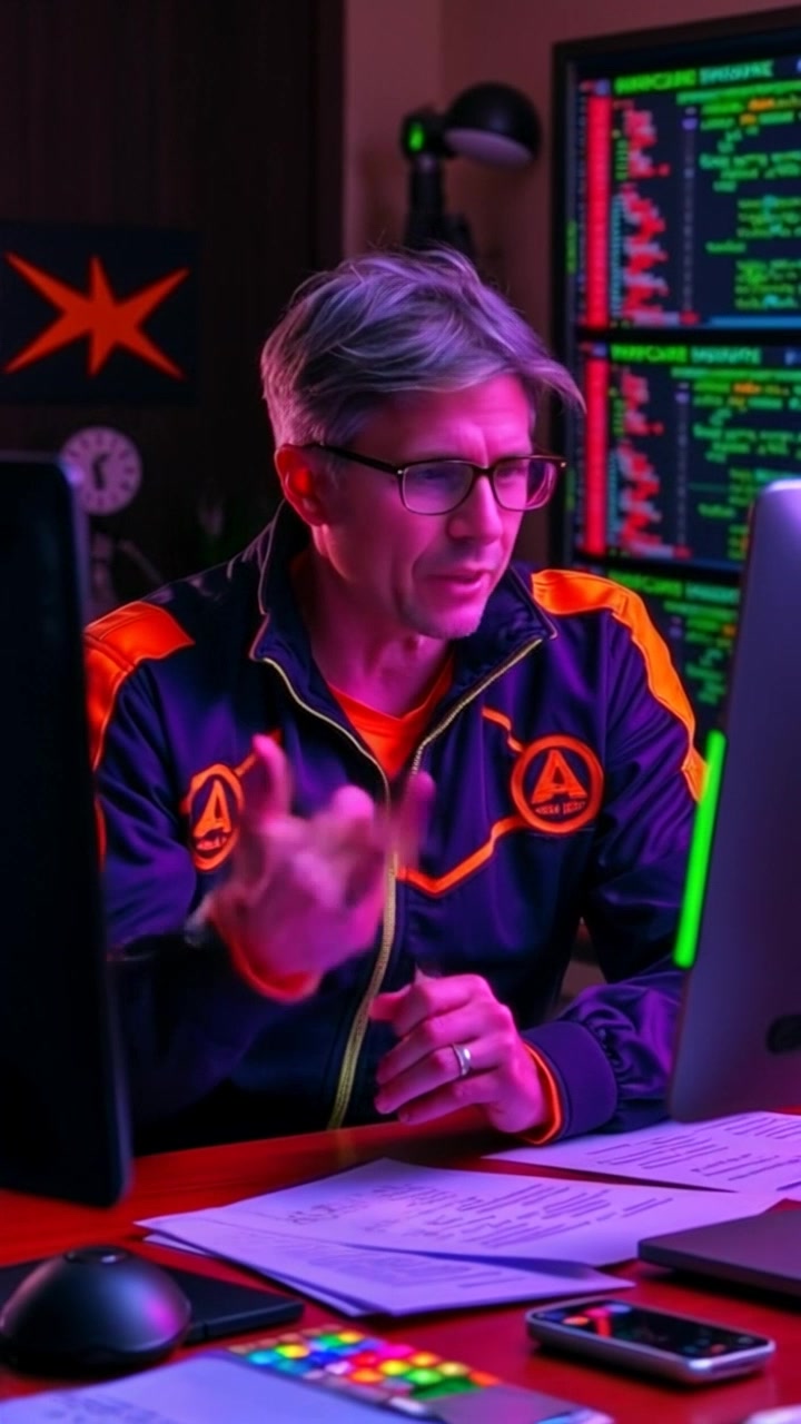 Subject: A man deeply focused on coding. Subject movement: He gestures animatedly with his hands, typing swiftly on the keyboard. Scene: A cozy home office with warm, ambient lighting, cluttered with coding paperwork and a glowing computer screen. Motion: Camera begins with a close-up of the man's hands typing, then slowly pulls back to reveal the whole desk, capturing his intense concentration and the organized chaos around him.