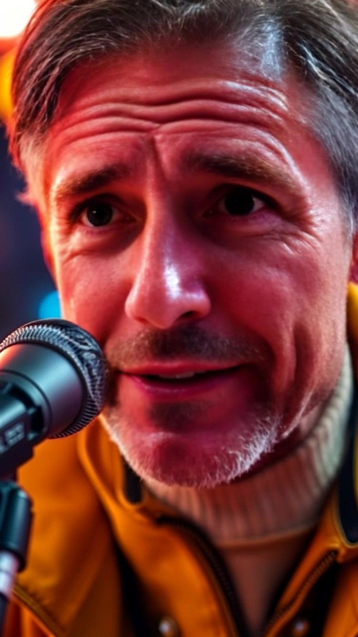 Subject: A person speaking into a microphone with intense focus, portraying deep concentration and emotion. Scene: A close-up of the individual, set against a blurred, audience-filled backdrop that suggests a public speaking event. Style: Dramatic lighting emphasizing the subject's facial features, with soft ambient lighting around the audience to create depth. Motion: The camera slowly pushes in on the speaker's face, capturing the intensity in their eyes as they deliver their message, while the sound of a captivated audience fades in softly.