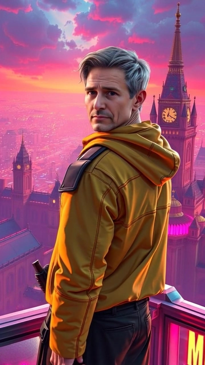 Subject: A determined figure standing on a balcony. Subject movement: The figure gazes intently into the distance, conveying a sense of purpose. Scene: An expansive kingdom sprawls below, with rolling hills and majestic castles in sight. Style: Warm morning light highlighting the details of the landscape, with soft shadows extending across the kingdom. Motion: The camera slowly pushes in on the figure, capturing the vastness of the scene while maintaining focus on their resolute expression.