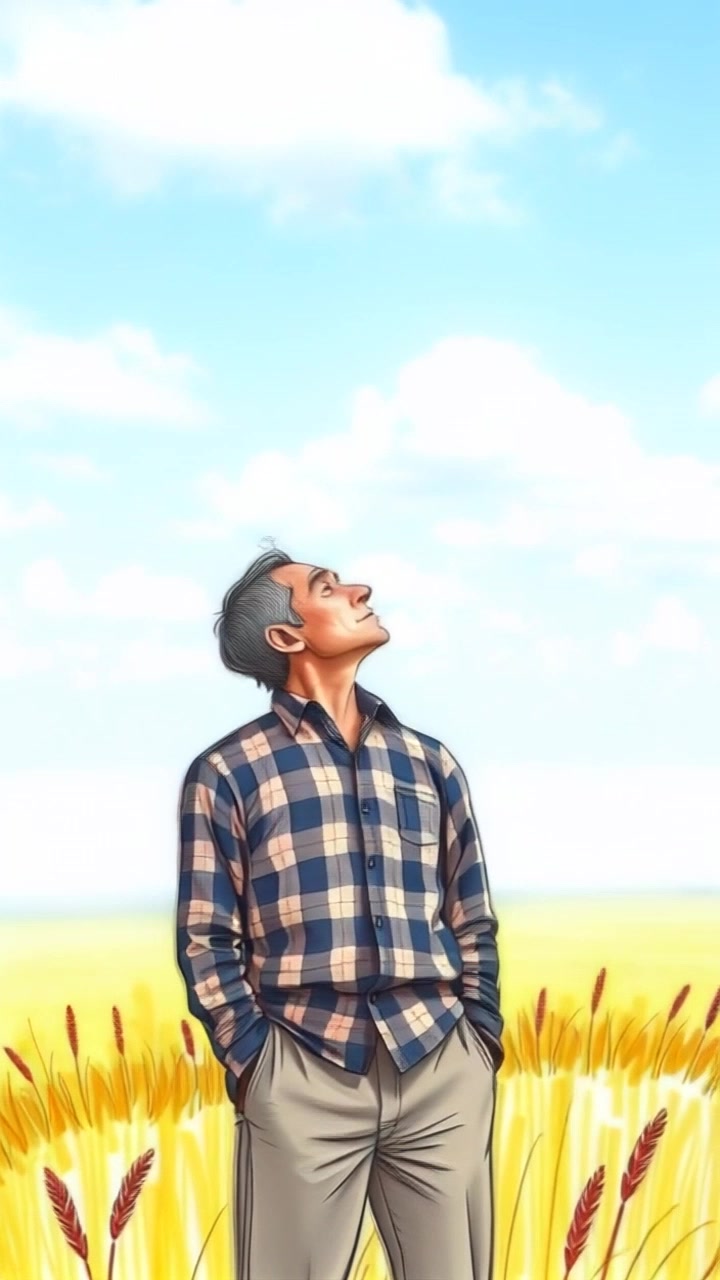 Subject: A figure standing tall in a field, looking up to the expansive sky, immersed in thought. Scene: A lush green field under a vast blue sky filled with soft, fluffy clouds. Style: Natural daylight accentuating the vibrant colors of the field. Motion: The camera slowly pushes in to capture the figure's introspective expression, while the wind gently rustles the grass around them, creating a serene atmosphere.
