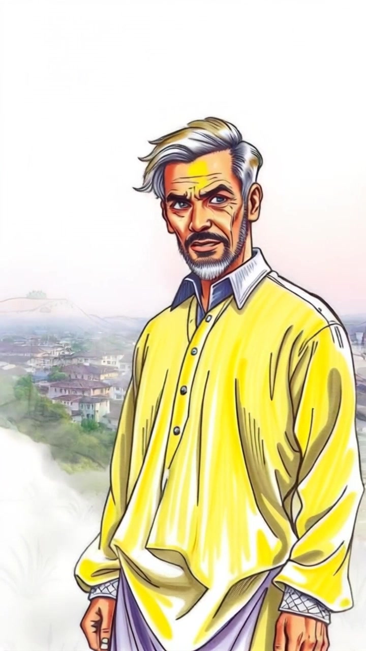 Subject: A figure standing on a hill, looking determined as he gazes over a tranquil village. Scene: A scenic overlook featuring lush greenery and distant rooftops bathed in warm morning light, creating an inviting atmosphere. Motion: The camera smoothly pushes in from a wide shot, focusing on the figure's expression of resolve while the village unfurls beneath him, encapsulating the early dawn's serene beauty.