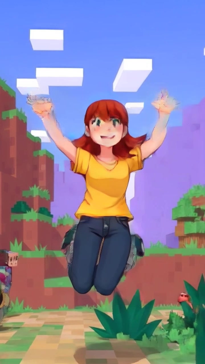 Subject: A character joyfully jumping with hands raised. Subject movement: The character leaps exuberantly in a vibrant Minecraft landscape, filled with pixelated trees, blocks, and creatures. Scene: Energetic Minecraft environment adorned with colorful graphics and exaggerated scenery. Style: Bright, cheerful lighting enhancing the vividness of the blocky textures. Motion: Handheld camera tracking shot following the character's leap, capturing the joyful energy of the scene as it pans around to showcase the delightful surroundings.