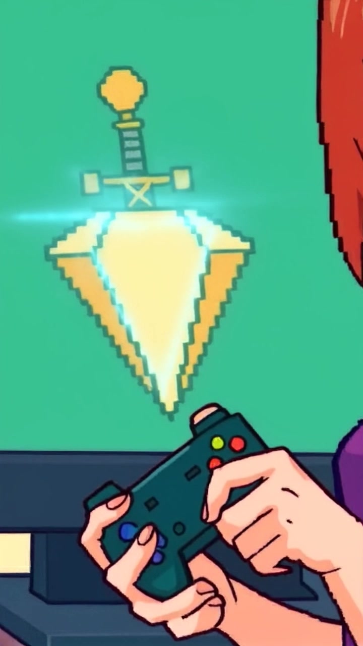 Subject: A young person intensely focused on a gaming screen, gripping a game controller with determination. Scene: A cozy gaming setup illuminated by the glow of the monitor displaying a vibrant diamond sword. Style: Dynamic lighting highlighting the controller and screen, with a warm atmosphere suggesting excitement and engagement. Motion: The camera zooms in on the controller as the player's thumb moves swiftly across the buttons, then pulls back to reveal the player's focused expression and the dazzling sword on the screen.